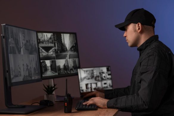 Agent de sécurité surveillant un système de moniteurs multiples, équipement utilisé dans le domaine des détecteurs de caméras