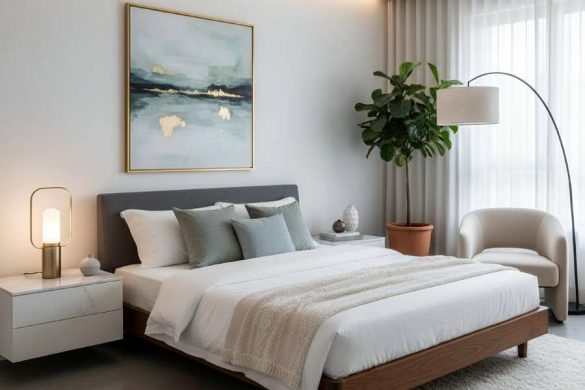 Chambre d'amis élégante et apaisante avec grand lit en bois, coussins bleu céladon, lampadaire arqué, fauteuil beige et plante verte, pour un aménagement raffiné et accueillant.