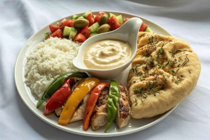 Assiette de cuisine méditerranéenne avec poulet grillé, riz, légumes colorés, houmous et pain naan aux herbes.