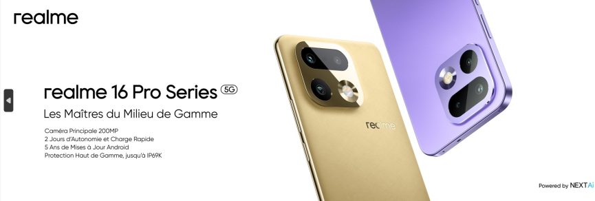 Bannière publicitaire pour la realme 16 Pro series présentant les modèles or et violet avec l'annonce d'un appareil photo de 200MP et d'une protection IP69K.